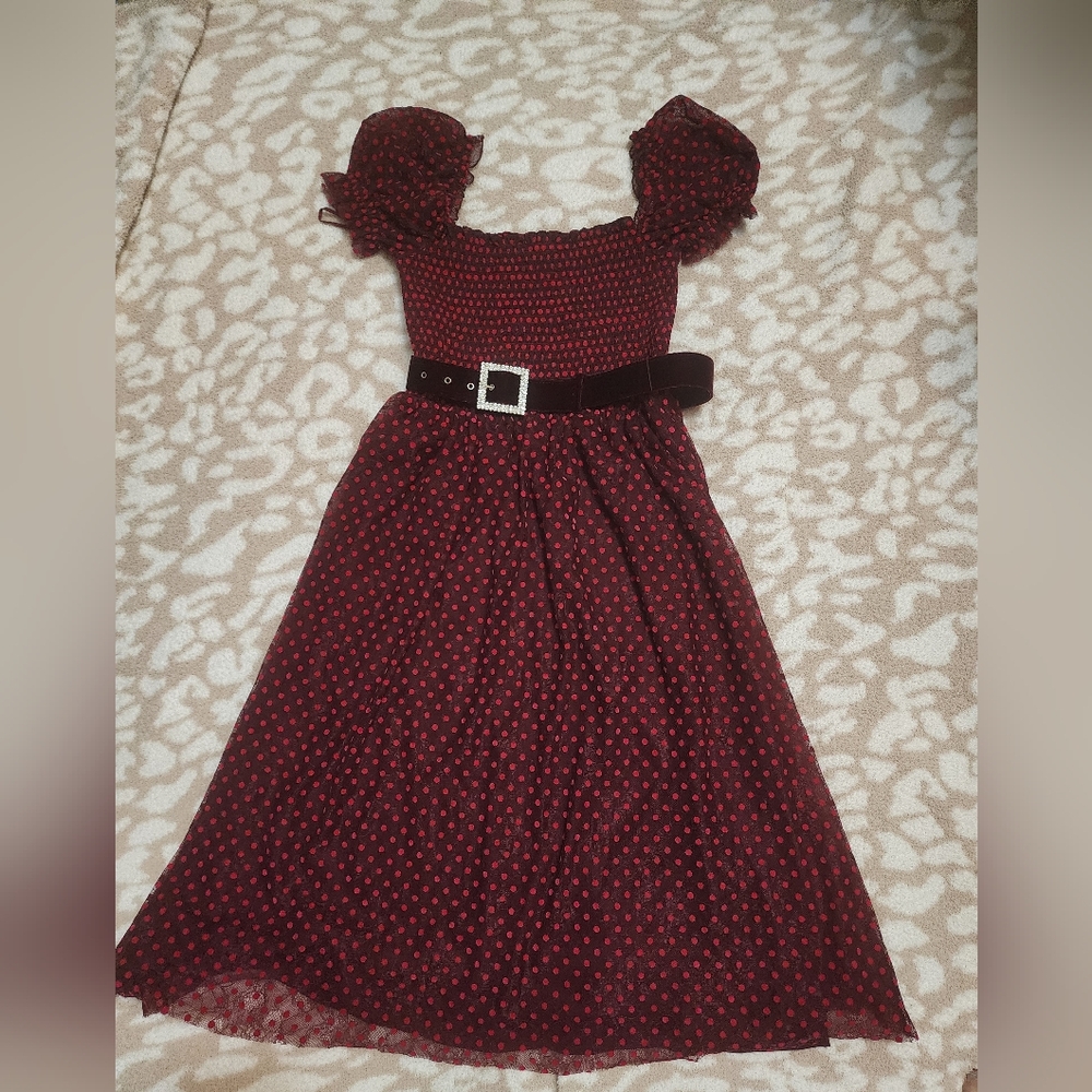 Red Flocked Polka Dot Midi Dress Velvet Belt Puff Sleeve Party Dress S - Picture 4 of 8